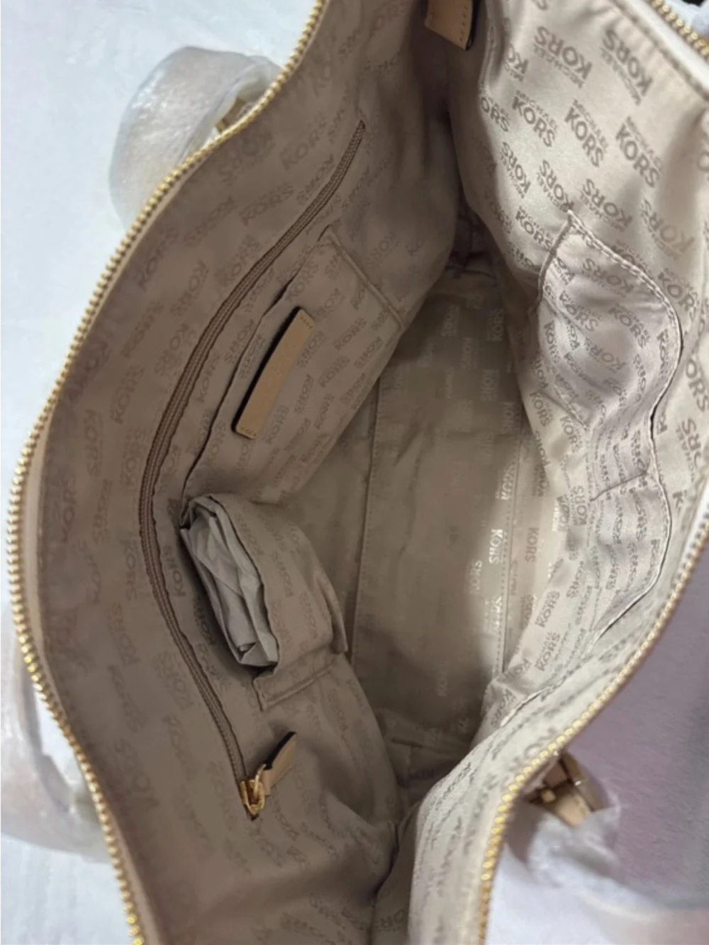 NWT Michael Kors Cream and Taupe Logo Tote with Gold Charm